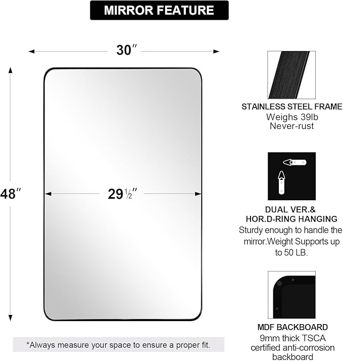 ANDY STAR 30”x48” Black Bathroom Mirror, Wall Mirror