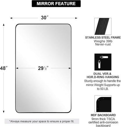 ANDY STAR 30”x48” Black Bathroom Mirror, Wall Mirror