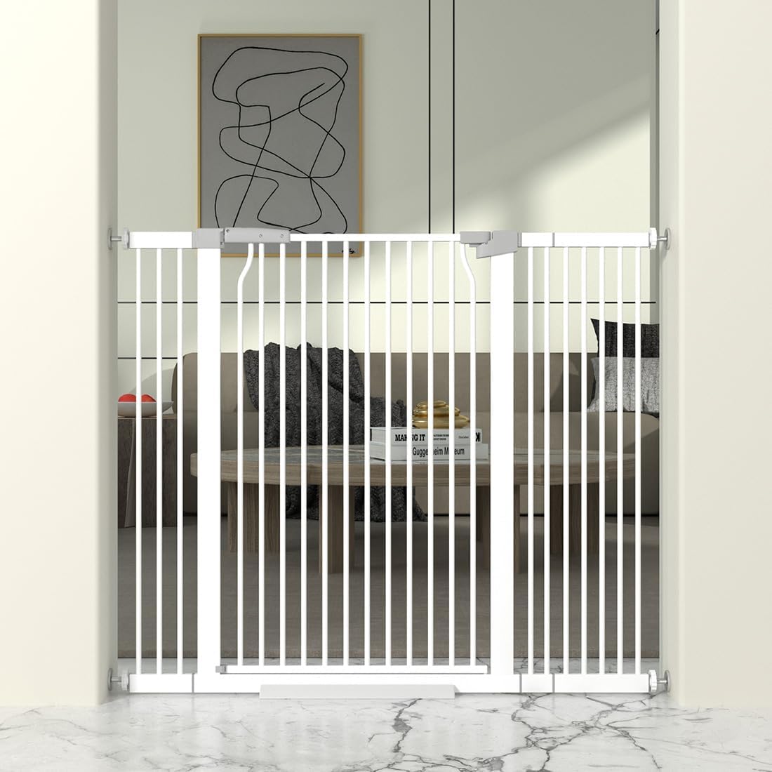 41" Extra Tall Cat Gate for Doorway, 40.6-49.1'' Metal Pet Baby Safe Gate, Extra Wide Pressure Mounted Child Door with Expansion Kit, No Drilling Cat Fence Indoor, Tall Dog Gate, White