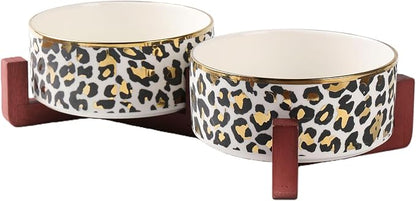 Dog Bowl Set with Wood Stand, Non-Slip Anti-Tip Elevated Design, Double Ceramic Animal Food Water Cat Bowls, Suitable for Large/Medium Sized Dog Pet Feeder Dish Station - 32 OZ,White Leopard Print