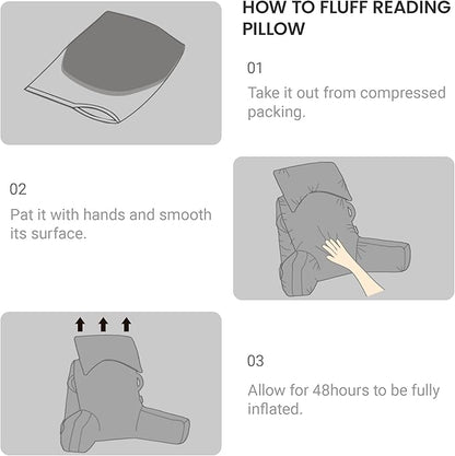 Unisakey Portable Reading Pillows with Headrest for Bed Sitting Up(Grey Oeko-Tex), Velvet Back Pillow with Arms & Pockets for Adults, Support Memory Foam Bed Pillow for Dorm/Reading/Watching/Gaming