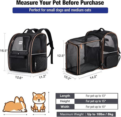 Large Cat Backpack Carrier Expandable Pet Carrier Backpack for Small Dogs Medium Cats Fit Up to 18 Lbs, Dog Backpack Carrier, Foldable Puppy Backpack Carrier for Travel, Black