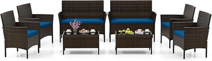 HAPPYGRILL 8 Pieces Outdoor Rattan Conversation Set, Patio Wicker Furniture Set with Loveseat Chairs & Tempered Glass Coffee Table, Outside Sectional Sofa Set for Backyard Garden Poolside, Blue