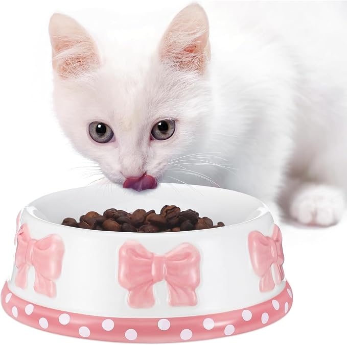 Reallnaive 2 Pcs Pink Bow Ceramic Bowl for Small Dog and Cat Cute Bowtie Pet Bowl for Food Water Macaron Pink Dish Pets Feeding Bowls Suitable Small Cat Dogs