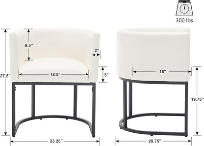 VESCASA Faux Leather Upholstered Dining Chairs with Barrel Back, Modern Padded Restaurant Chairs with Black Metal Frame for Kitchen, Dining Room, Set of 2, White