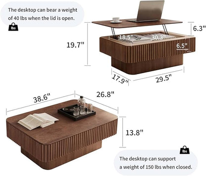 FGXJY Lift Coffee Table with Storage & Adjustable Height, Solid Wood Coffee Table Fluted Center Table Accent Tea Table or Living Room, Apartment, Office (38.6" Walnut)