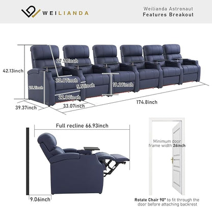 Weilianda Home Theater Seating, Top Grain Leather Sectional Seats Recliner Chair, Zero Gravity Reclining Sofa with Power Headrest 7 Colors Ambient Lighting USB C Charge Row of 6 Blue