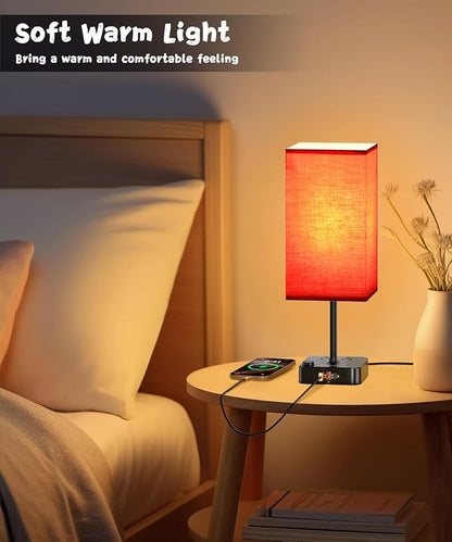 Bluetooth/WiFi RGB & USB Bedside Table Lamp with 3 USB Charging Ports 2 Outlets Power Strip, LED Light Bulb Dimmable, Music Sync Color Changing Light (RGB - Red Shade)