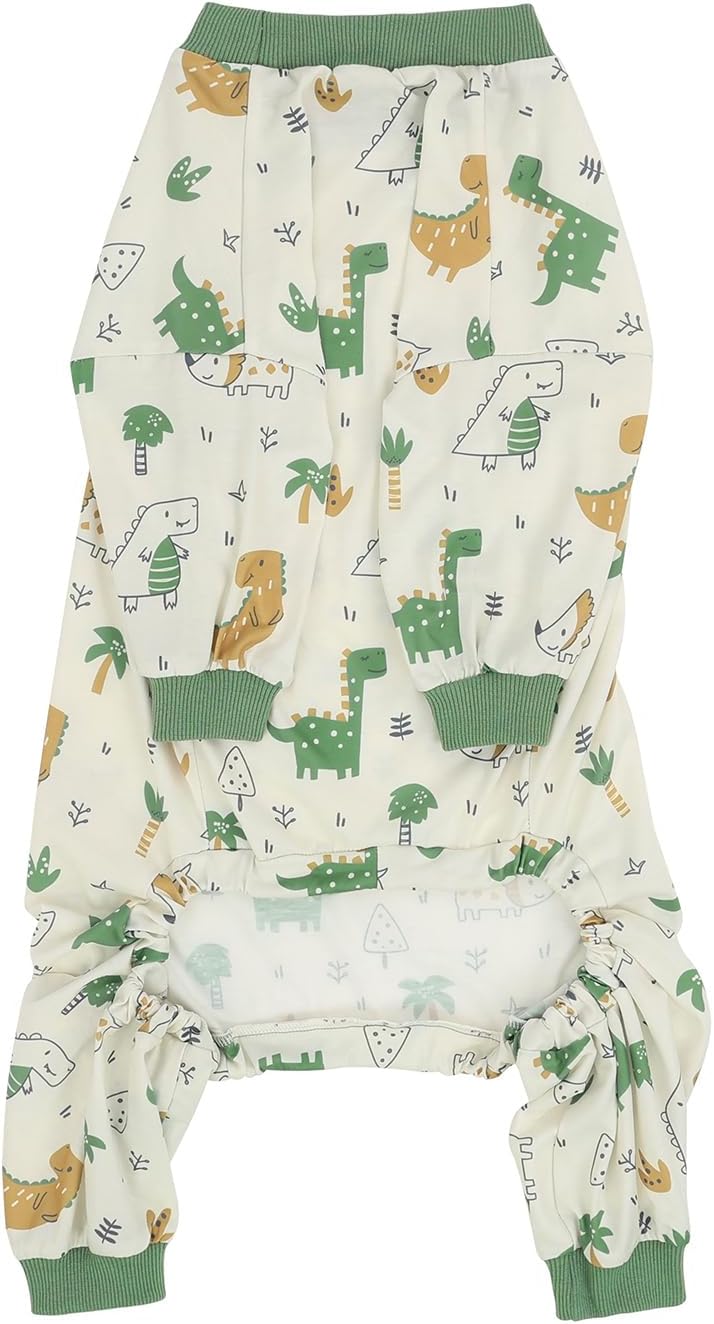 HDE Dog Pajamas One Piece Jammies Jumpsuit Pet Clothes Outfit Stretchy Lightweight Comfy Shirt Pjs for M-3XL Dogs Forest Dinos - 2XL