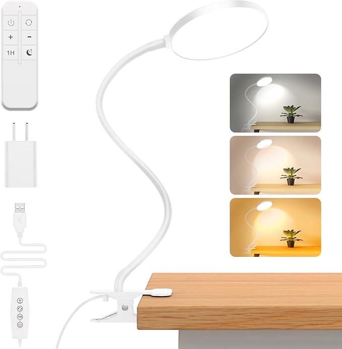Reading Light with Remote, LED Desk Lamp Clip on [1H Timer & Nightlight] RA>95 Dimmable Flexible Gooseneck, Reading Lamp with Clamp for Table - 4.7'' (Adapter Included)