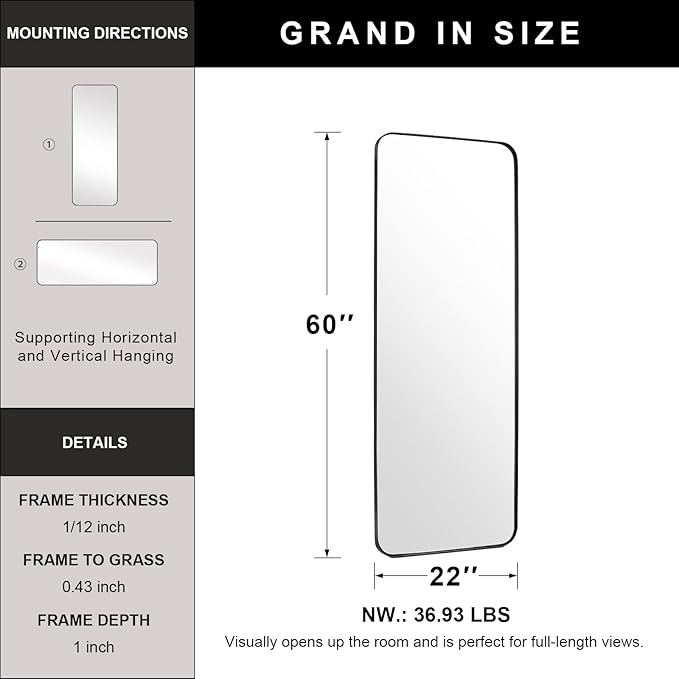ANDY STAR 22" x 60" Full Length Wall Mirror, Large Black Mirror