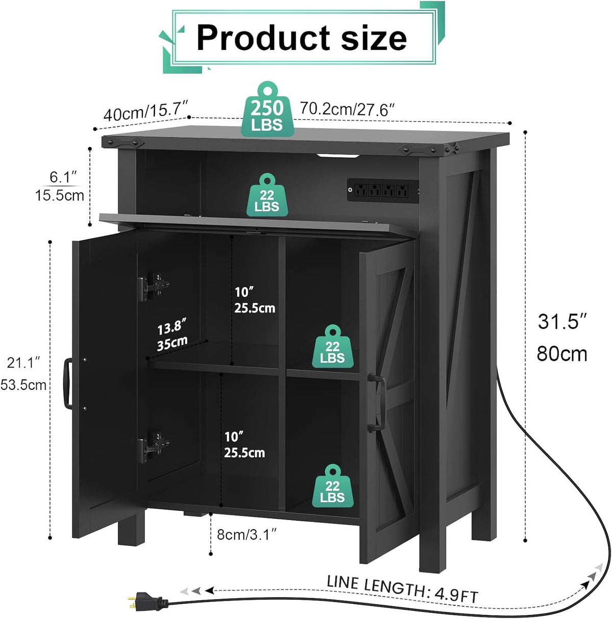 20 Gallon Aquarium Stand With Charging Station, Farmhouse Fish Tank Stand, Reptile Tank Stand Terrarium Stand with Drawer and Cabinet Storage, Sturdy Heavy Duty 27.6"×15.7" Tabletop - Black