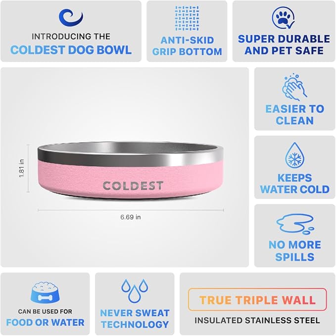 Coldest Dog Bowl - Anti Rust Metal, Non Slip, 3 Layers Insulated Stainless Steel Dog Bowls - Spill Proof & Heavy Duty - Water Bowl for Dogs, Cats & Pets, Dish Washer Safe (21 oz,Cotton Candy Pink)