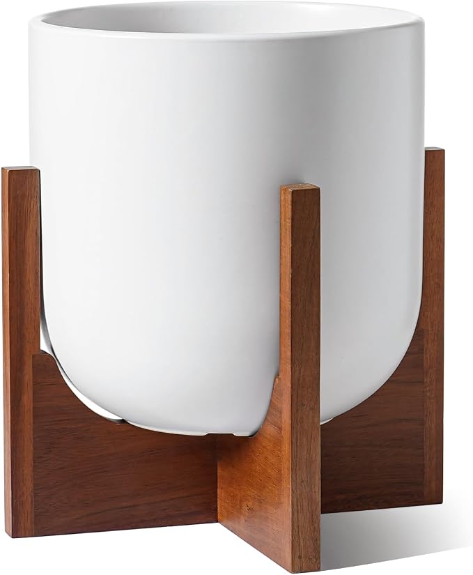 LE TAUCI 10 Inch Plant Pot with Acacia Wood Stand, Ceramic Planters for Indoor Plants, Unique Plant Pots Indoor for Home Decor, Mid-Century Modern Pots for Plants with Drainage Hole and Plug, White