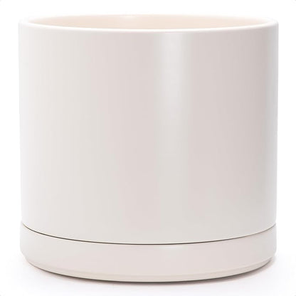 D'vine Dev 14 Inch Ceramic Planter Pot, Oatmeal, 94-O-G-8 | Modern Cylinder Design, Drainage Hole & Saucer Included, Stable Structure, Elegant Home Accent