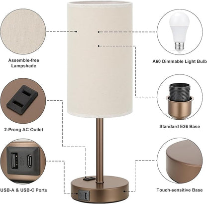Fenmzee Touch Table Lamp - Beige, 3-Way Dimmable, USB A + C Charging, AC Outlet, 17.4inch Medium, Brown Metal Base
