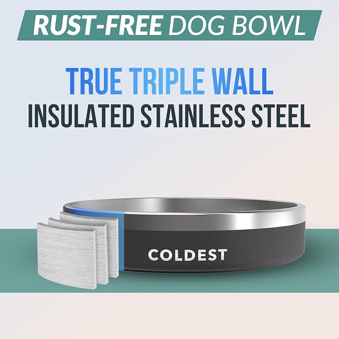 Coldest Dog Bowl - Anti Rust Metal, Non Slip, 3 Layers Insulated Stainless Steel Dog Bowls - Spill Proof & Heavy Duty - Water Bowl for Dogs, Cats & Pets, Dish Washer Safe (21 oz, Stealth Black)