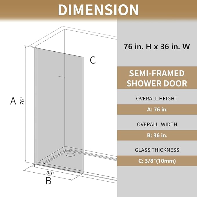 36"x76" Fixed Glass Shower Door, 3/8" Thick Fluted Privacy Tempered Glass