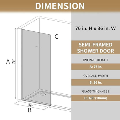 36"x76" Fixed Glass Shower Door, 3/8" Thick Fluted Privacy Tempered Glass