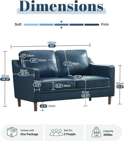 Kingfun 56" Faux Leather Sofa, Loveseat Couch, Mid Century Modern Love Seat Couches with Solid Wood Frame for Living Room & Bedroom, Royal Blue
