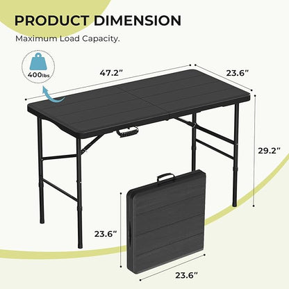 RootRise 4Ft Folding Table Adjustable Height Portable Folding Tables Heavy Duty 400 lbs Capacity, Wood Grain Tabletop for Working Meeting Parties, Picnic, Camping, Weddings, Garden Dining-Black (4FT)