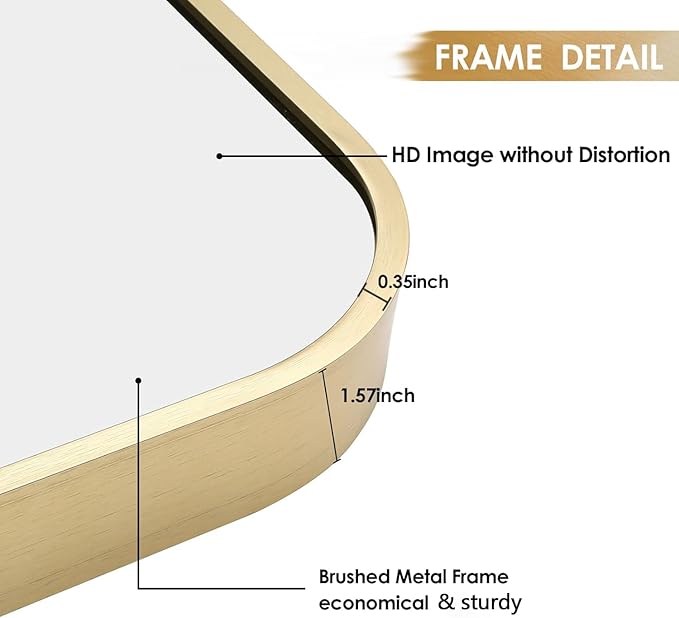 24x36 Inch Gold Bathroom Mirror, Brushed Gold Metal Framed Rectangular Mirror