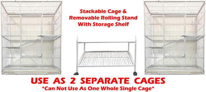 Extra Large Double Stacker Breeding Flight Bird Wrought Iron Double Parrot Bird Breeder Cage Side Nesting Box Doors Easy Clean Pull Out Metal Grate and Tray with Removalbe Rolling Stand