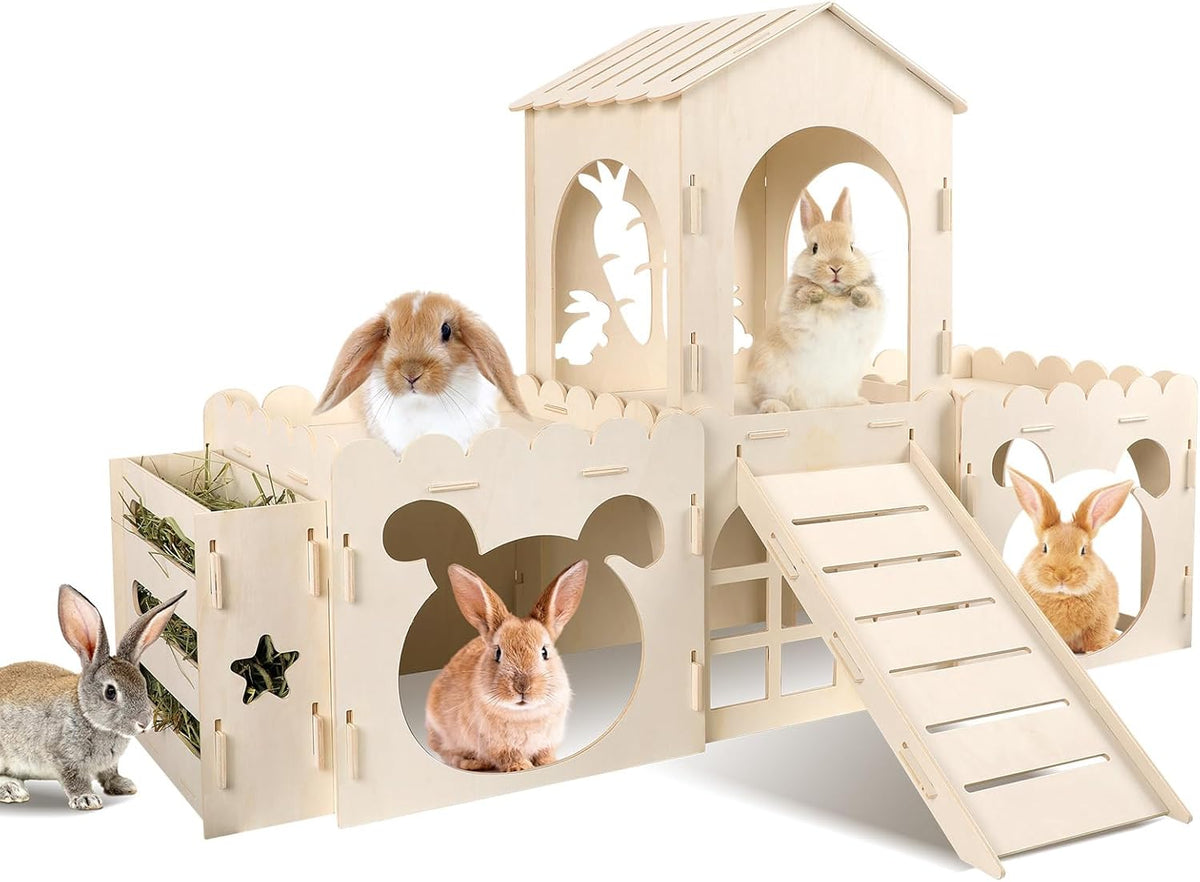 Large Rabbit Hideout Bunny Castle, Wooden Bunny House & Hay Feeder, Detachable Rabbit Hideaway, Indoor Rabbit Castle with Ramp, Small Animal Houses & Habitats