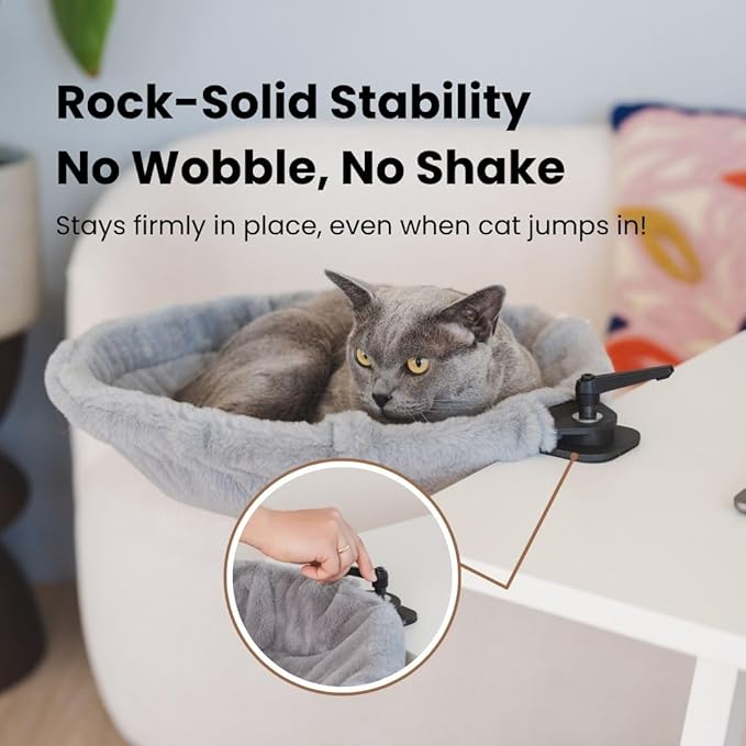 Cat Desk Bed - Stable and Sturdy, Rotating Cat Hammock, Desk Perch with 2 Washable Covers, Non-Slip Clamp - Safe, Space-Saving Cat's Furniture for Remote Workers, Gamers, Holds Up to 40lbs