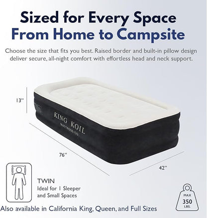 King Koil Plush Pillow Top Twin-Size Inflatable Air Mattress with Built-in High-Speed Pump for Camping, Home & Guests - Luxury 13" Twin Airbed Blow Up Mattress Waterproof, 1-Year Warranty