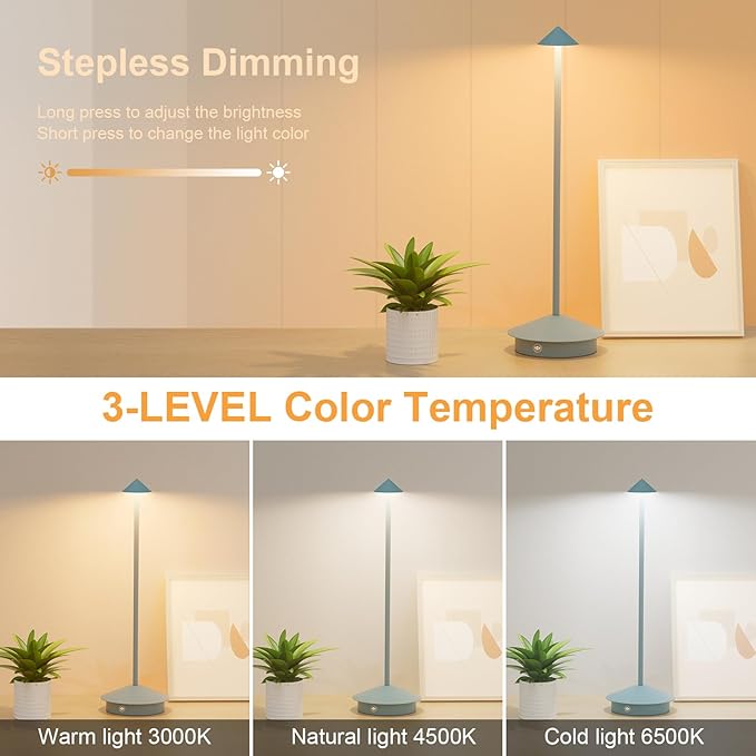 2-Pack 6000mAh Rechargeable Led Table Lamp Cordless,3000K-6000K Stepless Dimming Touch Lamps with Memory Function,IP54 Waterproof Aluminum Table Light for Outdoor/Bars/Restaurant/Patio(Blue)