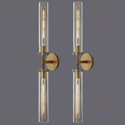 Brass Wall Sconces, 30in Gold 2-Light Double Glass Sconces Wall Lighting, Bathroom Knurled Vanity Light Sconces, Wall Lights for Living Room Bedroom（Including Bulb）