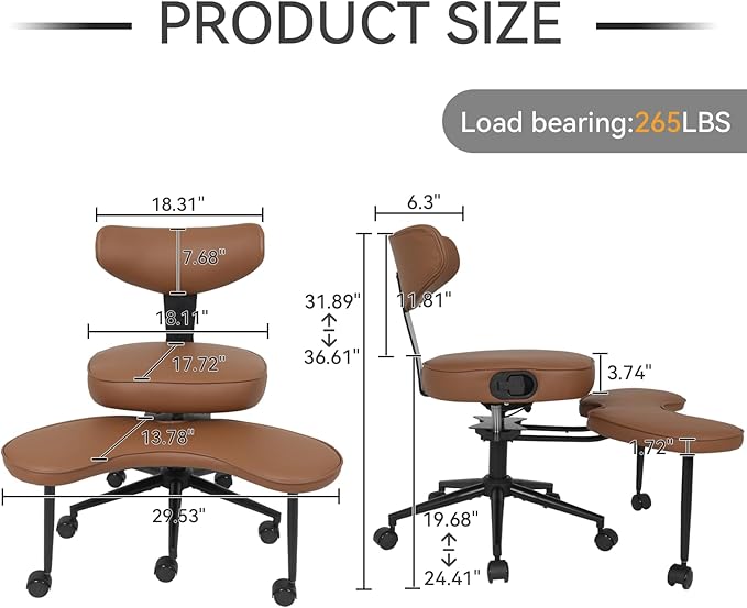 ELECWISH Meditation Chair, ADHD Chair for Adults with Wing Back Support, Criss Cross Kneeling Yoga Desk Office Use with Wheels, Height Adjustable seat and Leg Rest, Brown