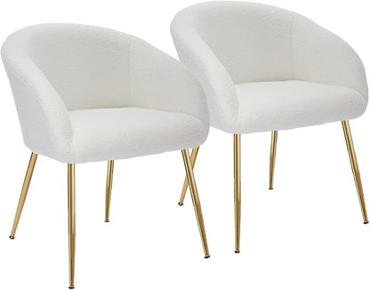 Modern Small Accent Chair Set of 2, Comfy Sherpa Makeup Vanity Chair with Golden Metal Legs, Decorative Chair no Wheels for Living Room, Dressing Room, Bedroom, White