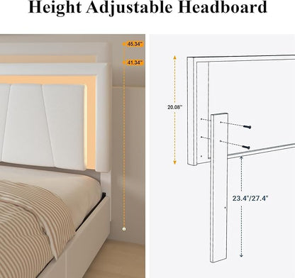 Queen Bed Frame with 4 Storage Drawers and Adjustable Headboard, Upholstered Platform LED Bed with Type-C&USB Ports, Solid Wooden Slats Support, Faux Leather, Easy Assembly, Beige