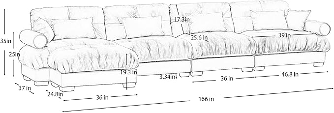 166" Grey Modular Sectional Sofa, 4 Seater Large Sectional Couches for Living Room, Velvet Fabric Oversized Fluffy Cloud Couch with Ottoman, Deep Seat Home Sofas Set, Sofá Moderno, L Shaped