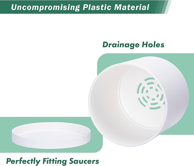 D'vine Dev 10 Inch Plastic Planter Pots for Plant Pot with Drainage Hole and Seamless Saucers, White Color, 74-X-A-2