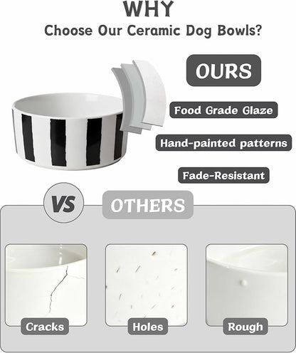 TRUVIC Ceramic Dog Bowl with Wood Stand, Black and White Striped Dog Food and Water Bowl, 2 Cup/14 oz Elevated Puppy Food Bowl for Medium Dogs, Dishwasher Safe, Modern Geometric, Striped