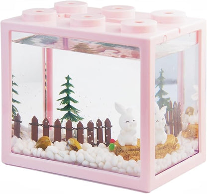 Small Betta Fish Tank, Stackable Mini Aquarium Tank Kit with Aquarium Gravel & Forest Micro Landscape, 0.6 Gallon Acrylic Cube Fish Bowl for Sea Monkeys Shrimp Snails (Pink)