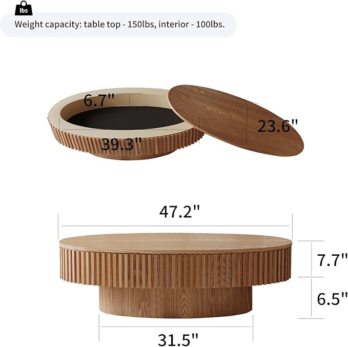 FGXJY Oval Coffee Table with Storage, Modern Wooden Coffee Table with Solid Wood Veneered, Fluted Center Table Drum Tea Table for Living Room Apartment, 47.2''L×23.6''W×14.2''H