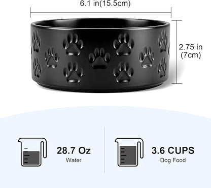 SPUNKYJUNKY Ceramic Dog and Cat Bowls 2 Pack, 6.1'' Dog and Cat Food Water Double Feeding Bowls Non-Slip for Large Sized Breed Microwave Dishwasher Safe - 28.7 OZ, 2pcs, Paw Black