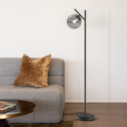 Mid Century Floor Lamp for Living Room Moderm Tall Standing Lamp with Frosted Glass Globe Shades Contemporary Brass Freestanding Lamp for Office Bedroom (Black-Smoky Gray)