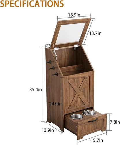 Dog Feeding Station with Storage Cabinet and 2 Elevated Dog Bowls, Hidden Pet Food Storage Organizer for Dog &Cat, Modern Dogs Furniture, Walnut