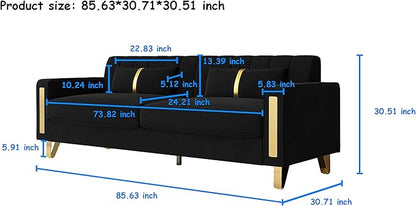 Couch 85.62" 3 Seats Sectional Velvet Fabric Sofa Easy Assemble Sofa Bed with 2 Couch Pillows,Gold Metal Legs for Living Room (P17, Black)