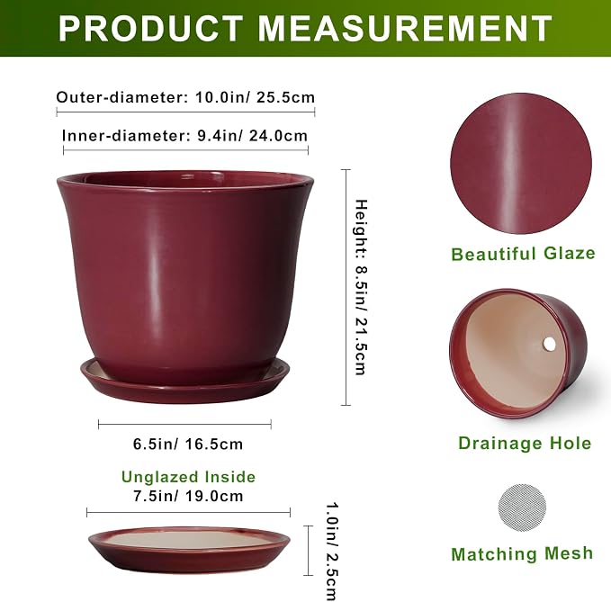 Ceramic Plant Pots - 10 Inch Plant Pot with Drainage Hole and Saucer, Round Planter for Indoor Outdoor, Modern Decorative Large Flower Pots, Home Room Garden Decor, Plants Lovers Gifts, Red