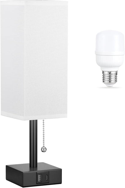 White Small Table Lamp for Bedroom - 3 Color Temperature 3000K 5000K 4000K Bedside Lamp, Pull Chain Control, USB A and C Charging Ports, Black Base, for Kids Office Dorm Nightstand, Bulb Included