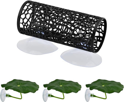Betta Fish Toy, Betta Fish Tunnel Hammock, Safe Aquarium Decor for Smallfish Shrimp, Bettas Tank Accessories with Suction Cup & Simulated Lotus Leaves Perfect for Hideout/Play Area