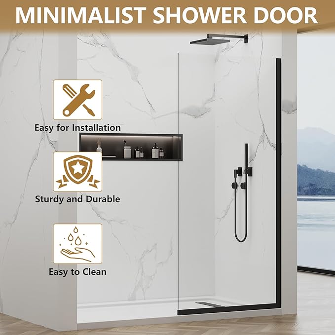 Shower Glass Wall Panel 36" W x 76" H, 3/8" Tempered Glass, Half Frameless
