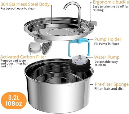 KittySpout Stainless Steel Cat Water Fountain Automatic Drinking Fountain, Quiet Circulating Water Bowl, Dishwasher Safe, Indoor Pet Fountain for Hydrated Healthy Cats (Stainless Steel, 3.2L Corded)