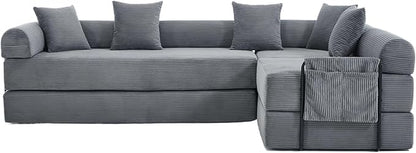 106" Oversized Convertible Sleeper Sofa Bed, Corduroy L Shape Sectional Couch, Folding Sofa Bed with Side Pocket, Modern Cloud Floor Mattress Couch, Modular Sofa for Living Room, Gray